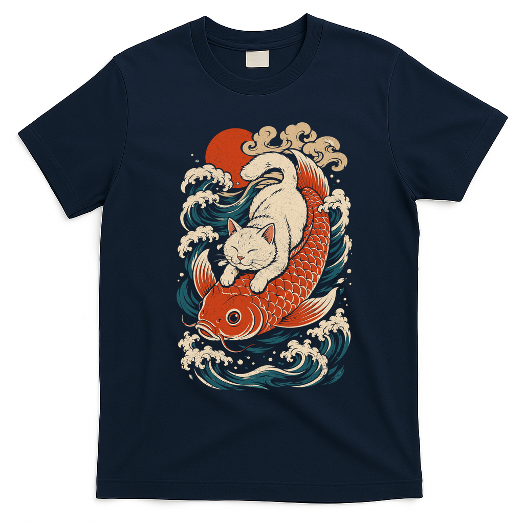 Playful Cat Riding a Koi Fish in Waves T-Shirt - Navy Blue
