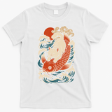 Playful Cat Riding a Koi Fish in Waves T-Shirt - White
