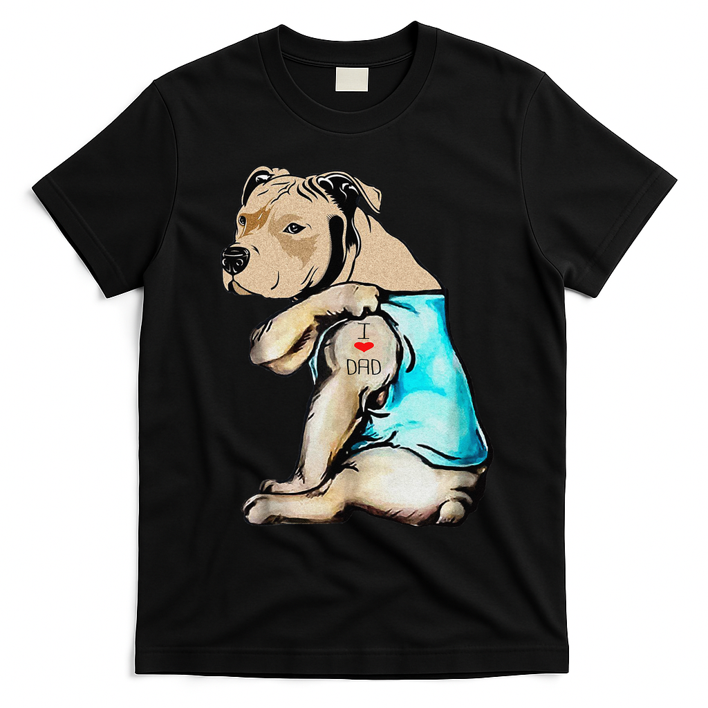 Pitbull Dog I Love Dad Tattoo Funny Family T-Shirt - Black