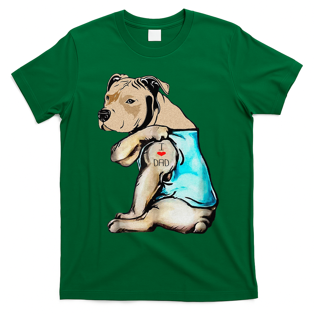Pitbull Dog I Love Dad Tattoo Funny Family T-Shirt - Irish Green