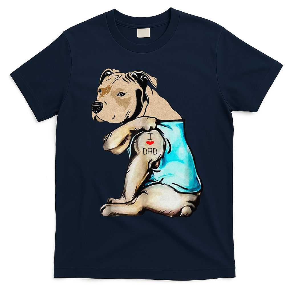 Pitbull Dog I Love Dad Tattoo Funny Family T-Shirt - Navy Blue