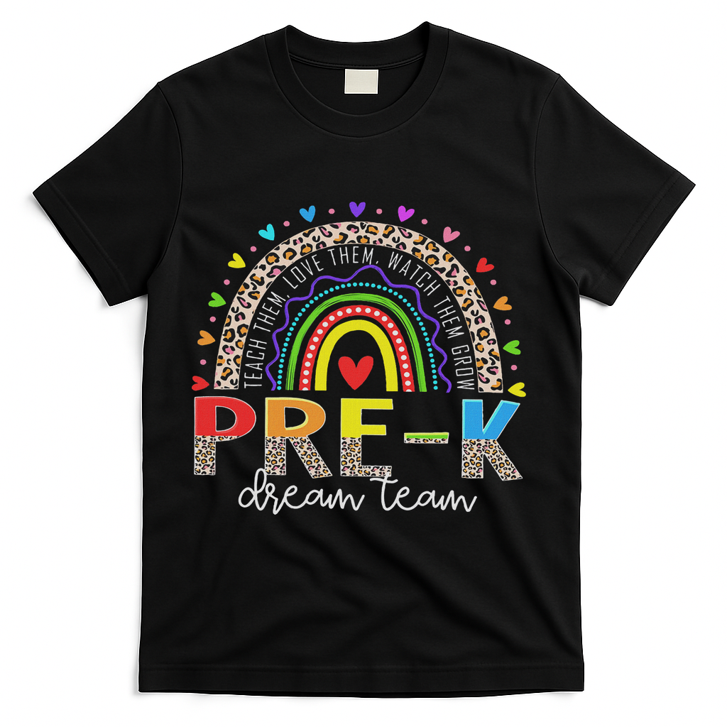Prek Dream Team Leopard Rainbow Teacher Squad Back To School T-Shirt - Black