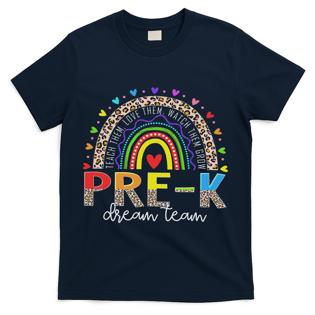 Prek Dream Team Leopard Rainbow Teacher Squad Back To School T-Shirt - Navy