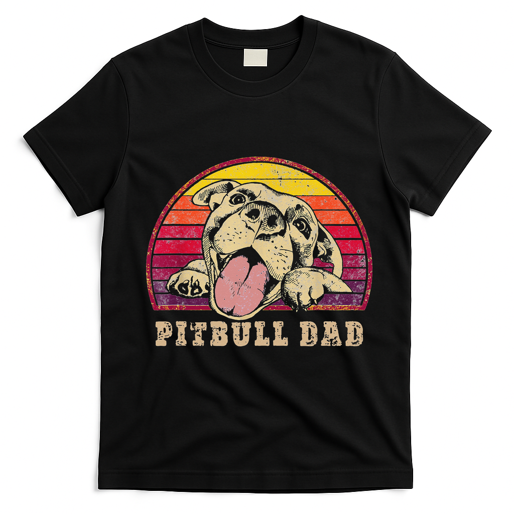 Pitbull Dad Vintage Smiling Pitbull on Sunset T-Shirt - Black
