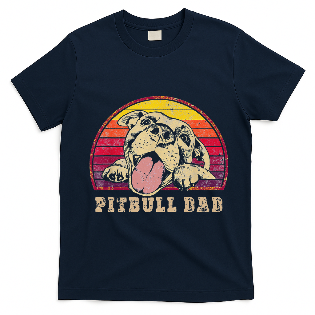 Pitbull Dad Vintage Smiling Pitbull on Sunset T-Shirt - Navy Blue