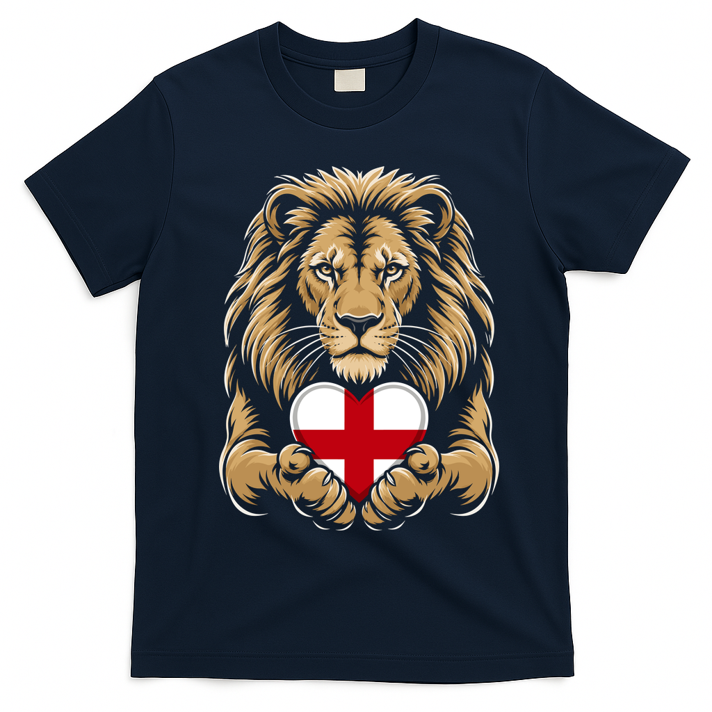 Proud England Lion Engaging Heart English Flag Emblem Gift T-Shirt - Navy Blue