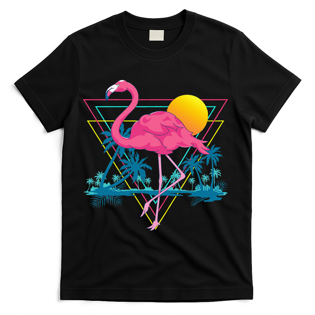 Pink Flamingo Beach Summer Vibes Palm Trees Tropical Summer T-Shirt - Black