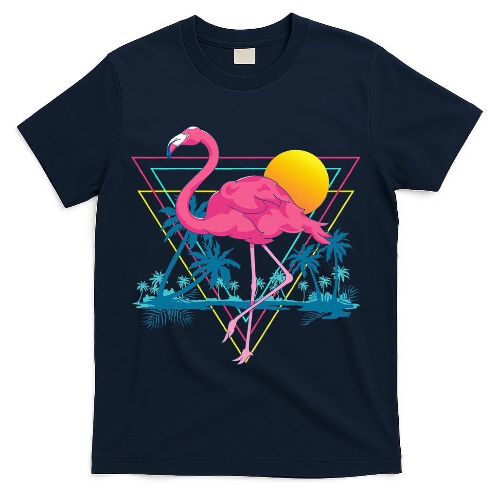 Pink Flamingo Beach Summer Vibes Palm Trees Tropical Summer T-Shirt - Navy