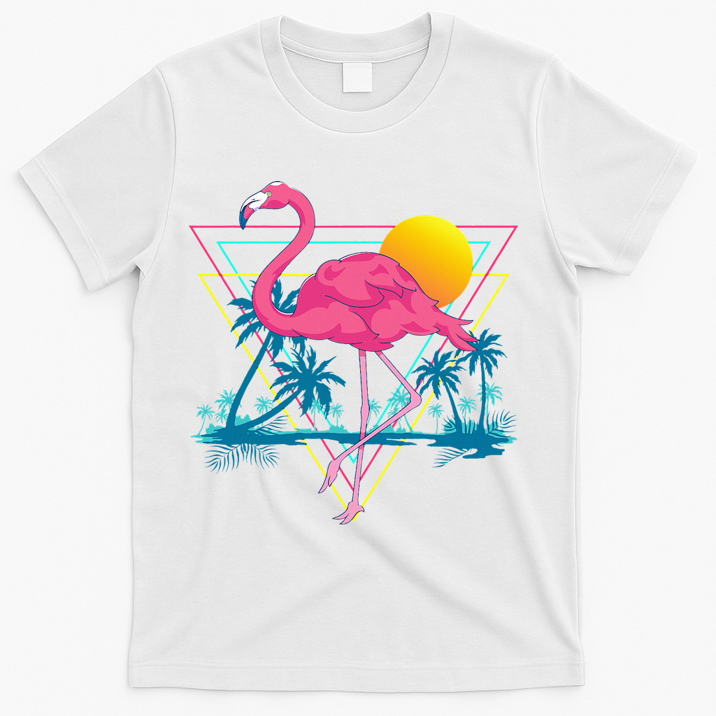 Pink Flamingo Beach Summer Vibes Palm Trees Tropical Summer T-Shirt - White