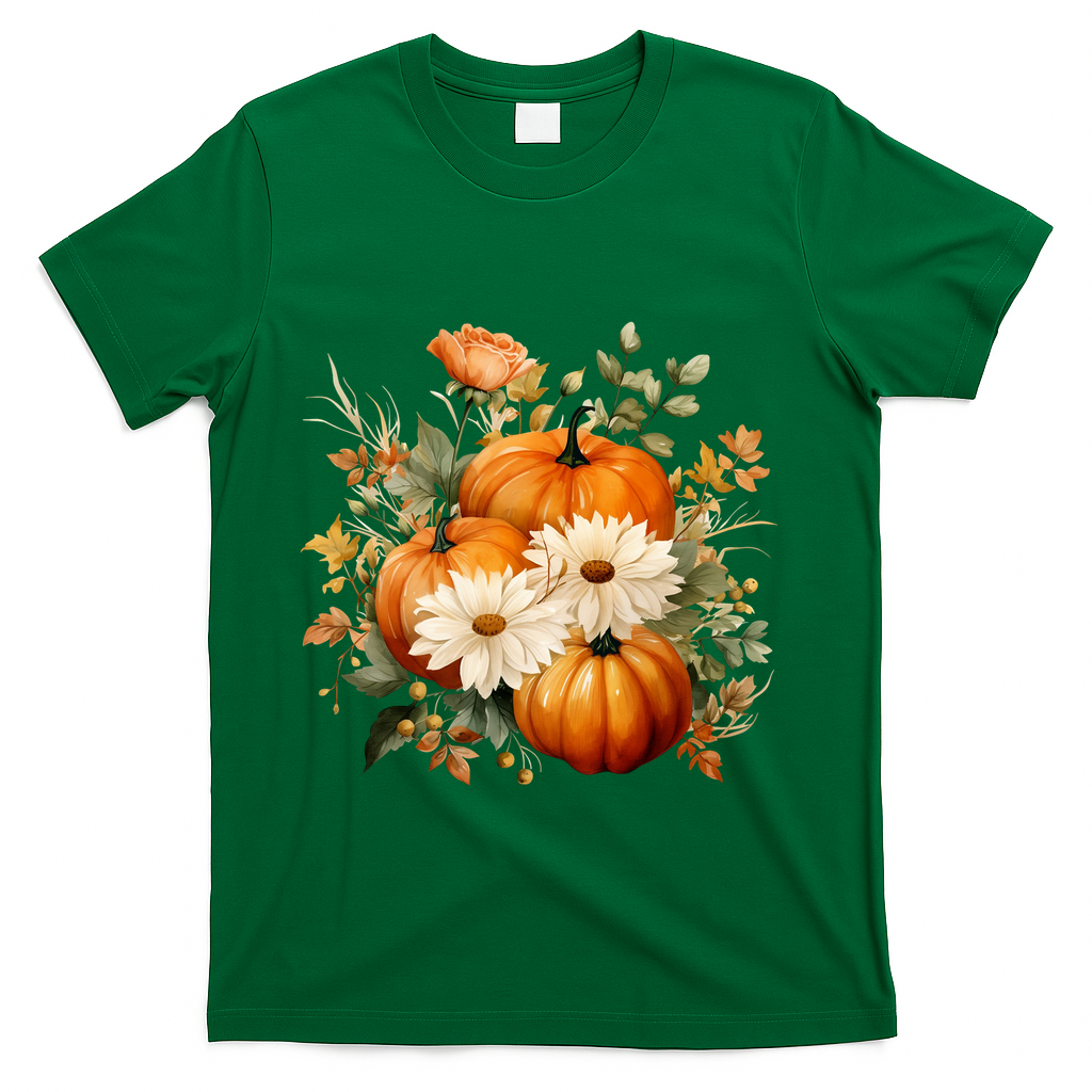 Pumpkin Fall Floral Festive T-Shirt - Green