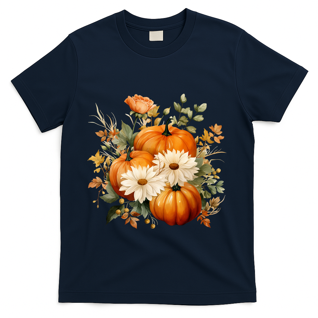 Pumpkin Fall Floral Festive T-Shirt - Navy