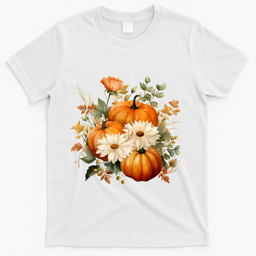 Pumpkin Fall Floral Festive T-Shirt - White