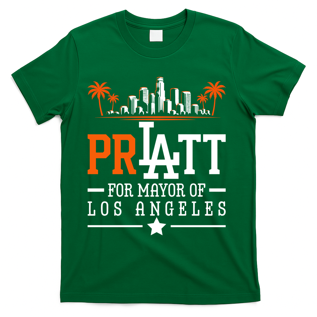 Pratt For Mayor Of Los Angeles City Skyline T-Shirt - Green