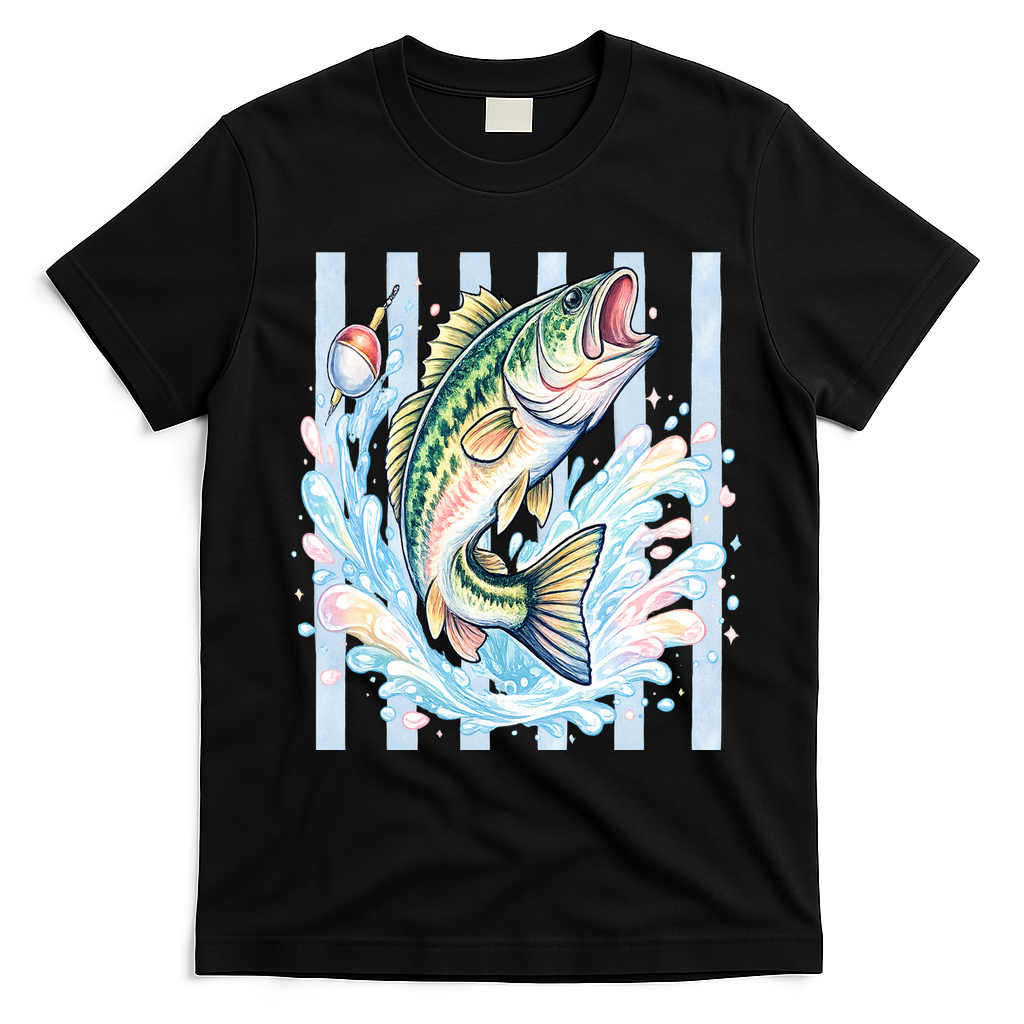 Pastel Fishing Retro Striped  T-Shirt - Black