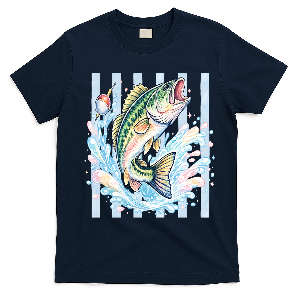 Pastel Fishing Retro Striped  T-Shirt - Navy Blue