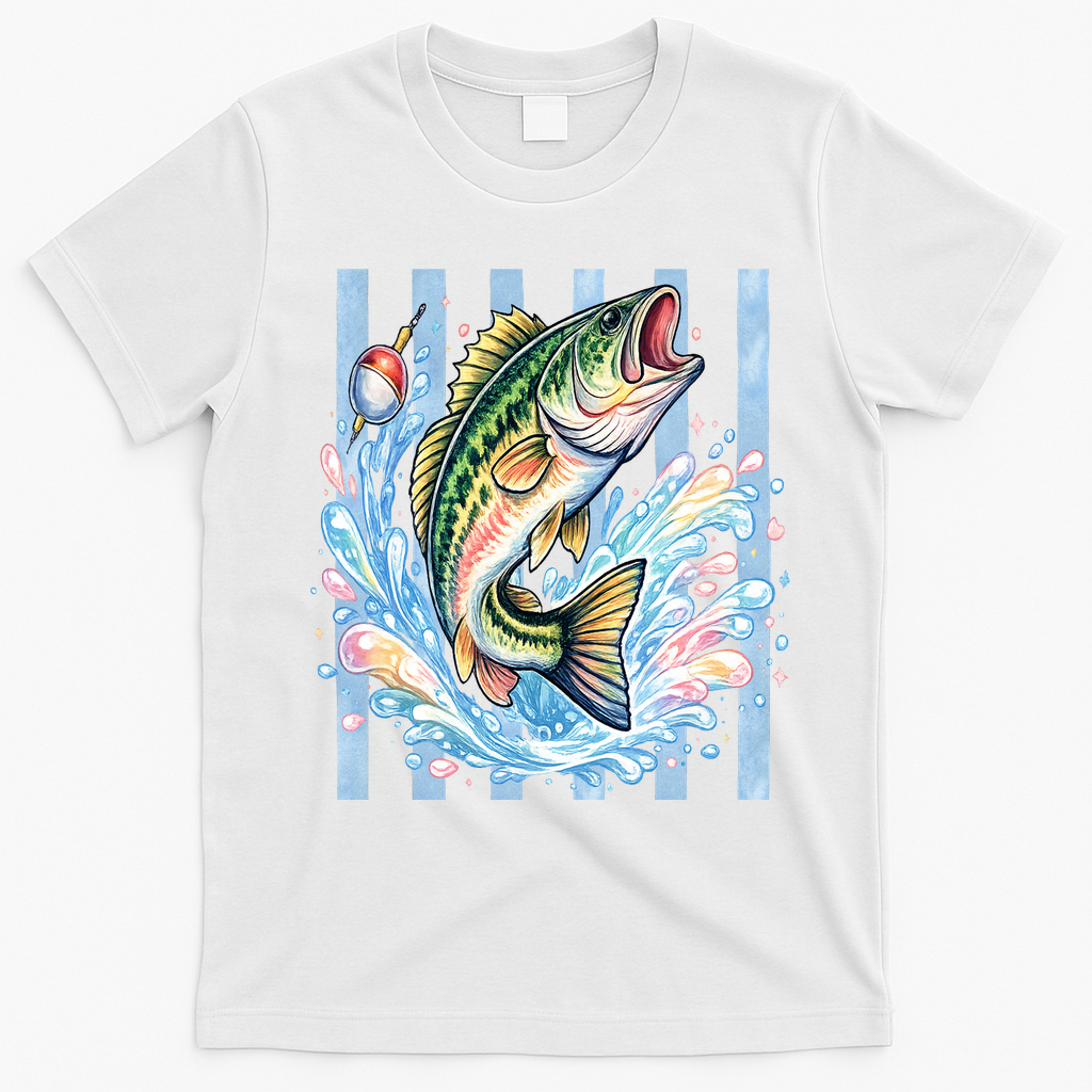 Pastel Fishing Retro Striped  T-Shirt - White