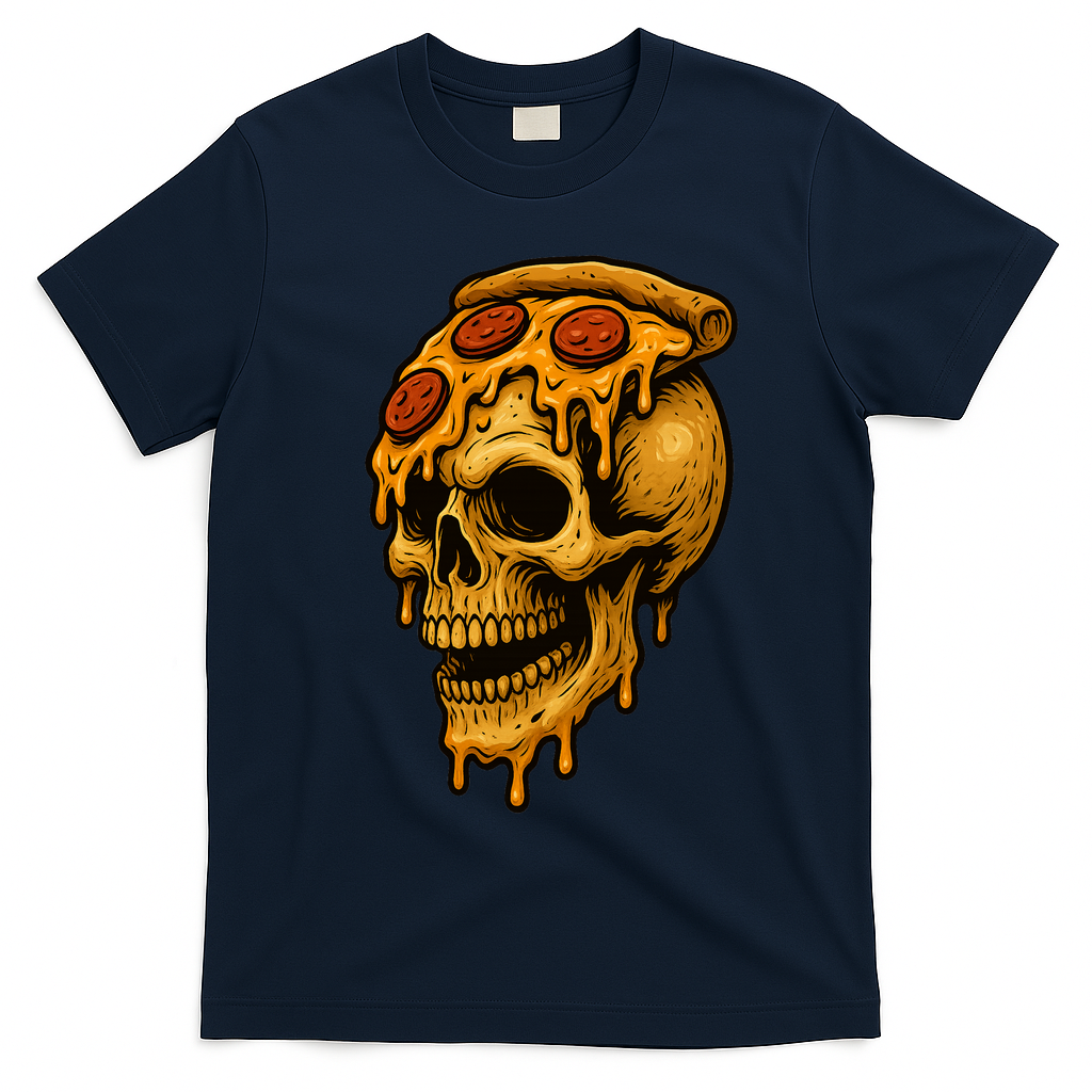 Pizza Food Skull Horror T-Shirt - Navy Blue