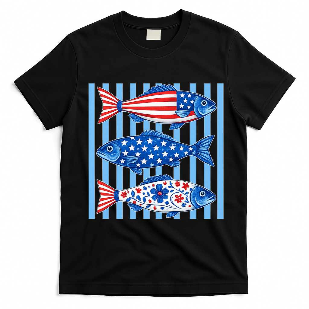 Patriotic Fish Striped USA Theme Design T-Shirt - Black