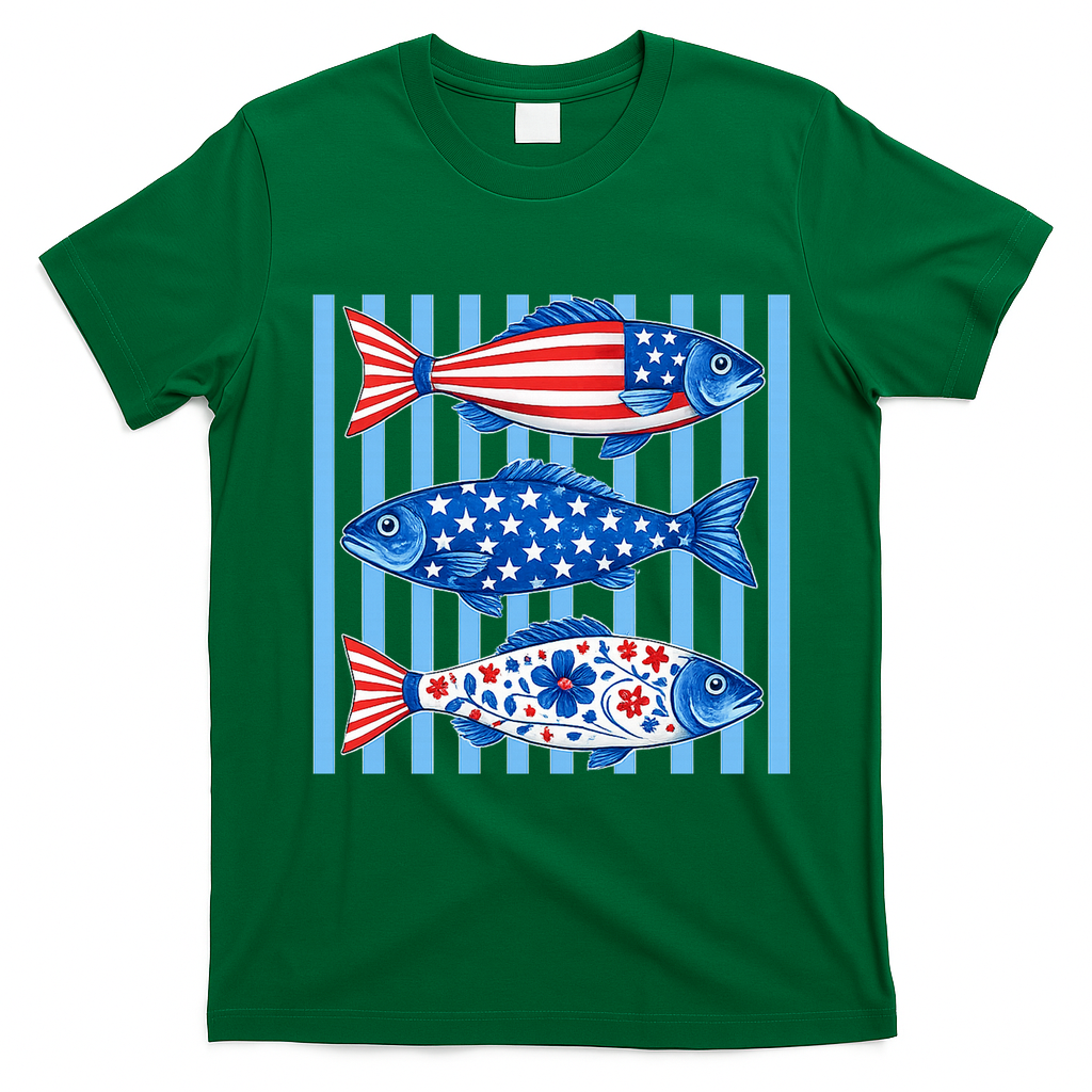 Patriotic Fish Striped USA Theme Design T-Shirt - Irish Green