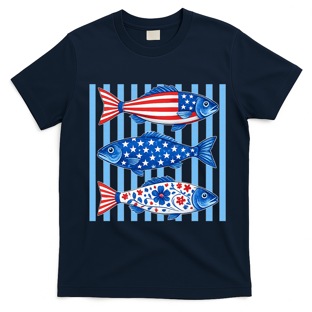 Patriotic Fish Striped USA Theme Design T-Shirt - Navy Blue