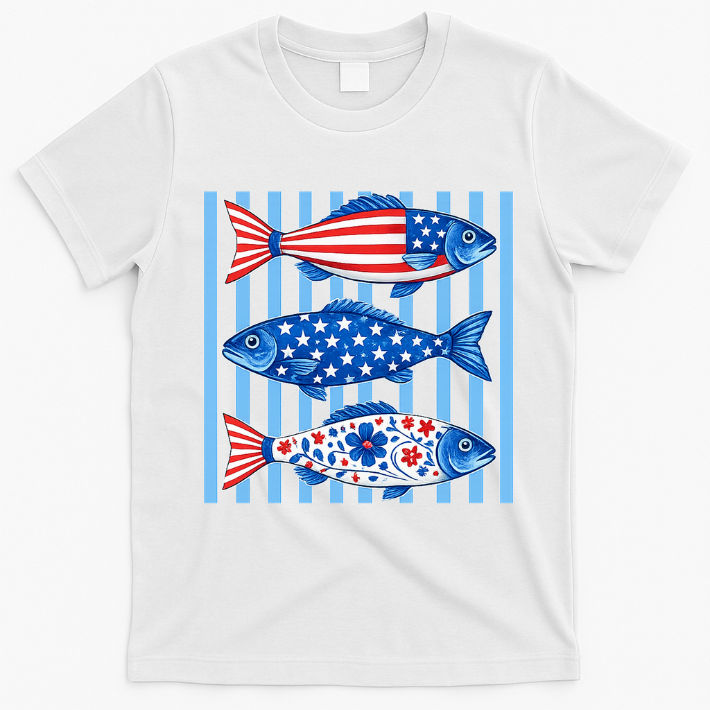 Patriotic Fish Striped USA Theme Design T-Shirt - White