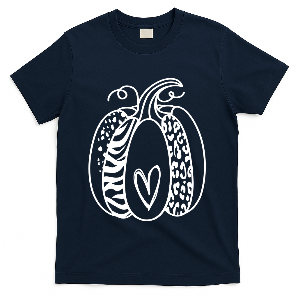 Pumpkin Heart Animal Print Cute T-Shirt - Navy
