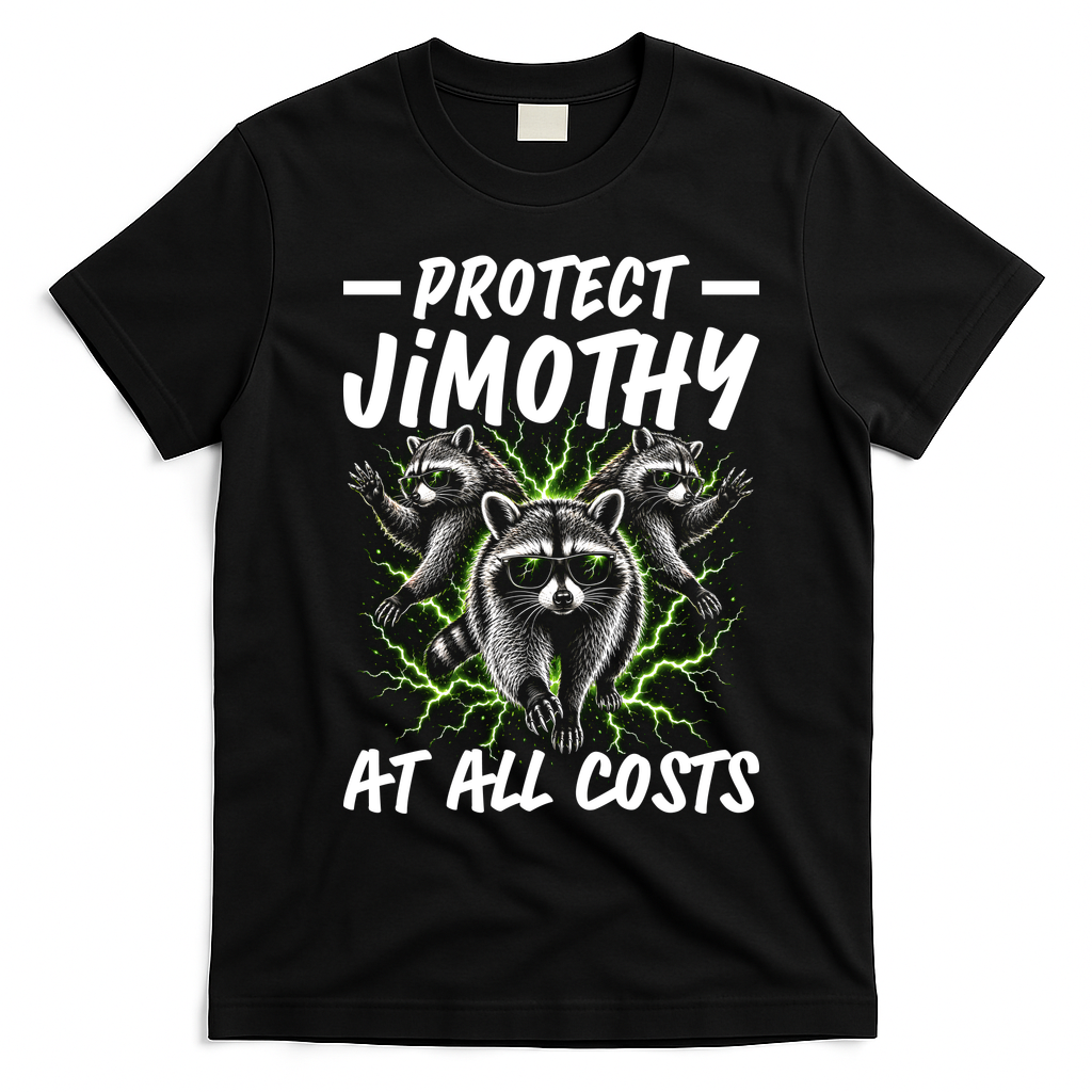 Protect Jimothy At All Cost Funny Raccoon Meme T-Shirt - Black