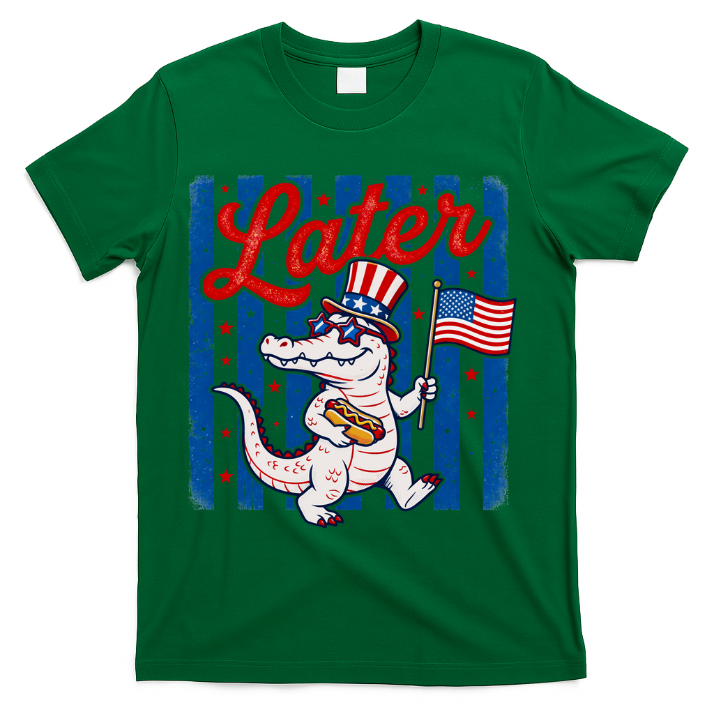 Patriotic Later Alligator USA American  Flag Fourth Of July 250th Anniversary T-Shirt - Green