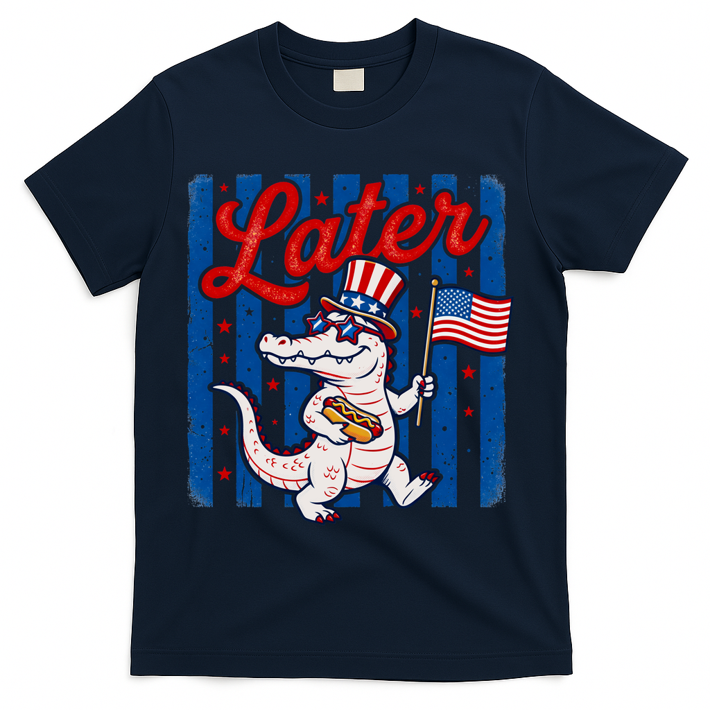 Patriotic Later Alligator USA American  Flag Fourth Of July 250th Anniversary T-Shirt - Navy