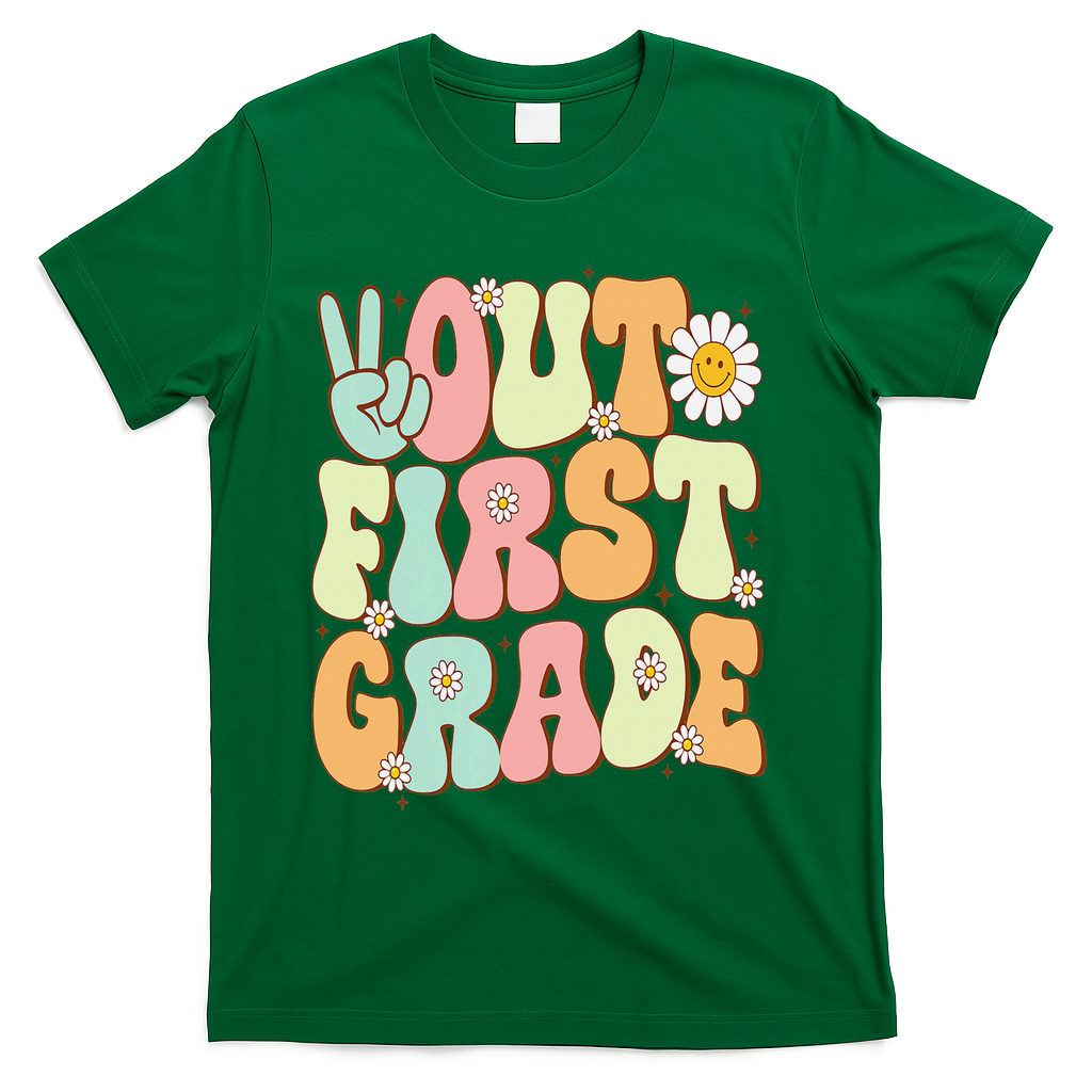 Peace Out First Grade Groovy Graduation Last Day Of School T-Shirt - Green