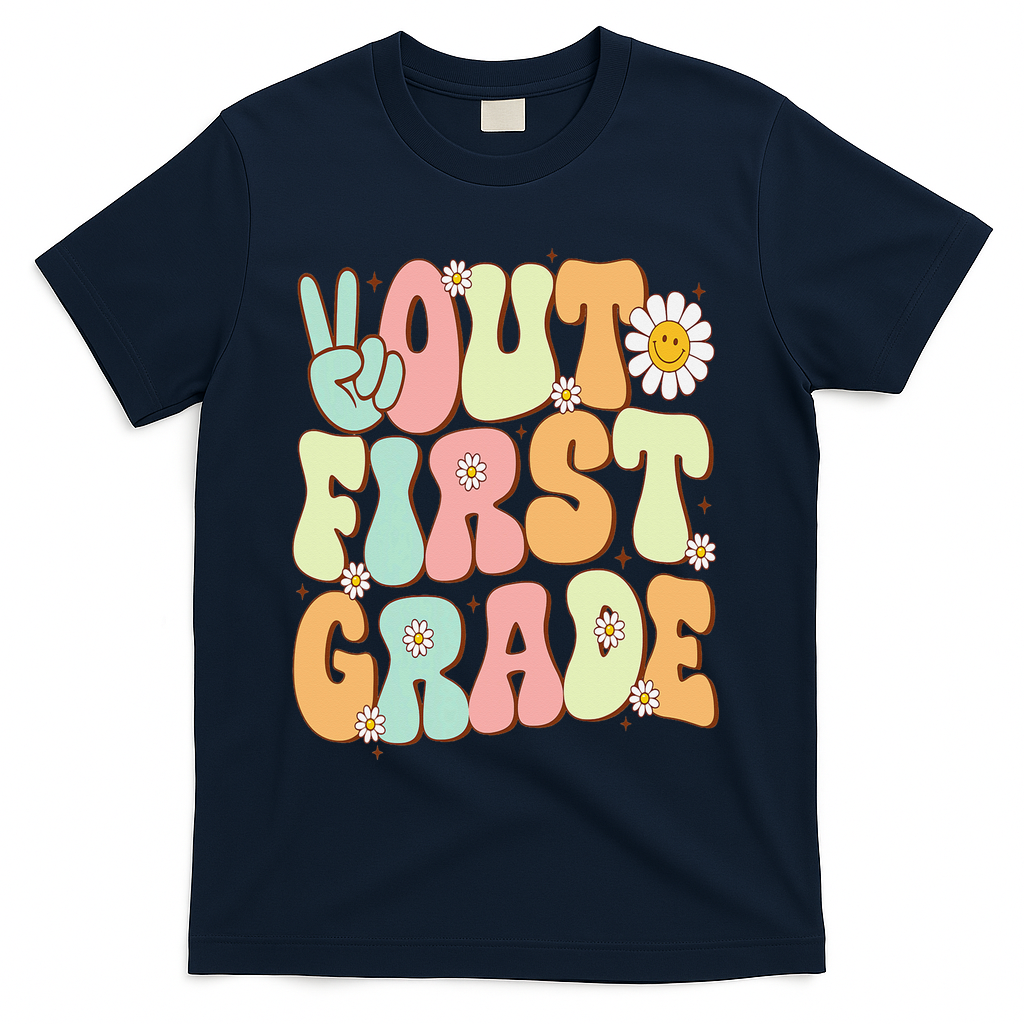 Peace Out First Grade Groovy Graduation Last Day Of School T-Shirt - Navy