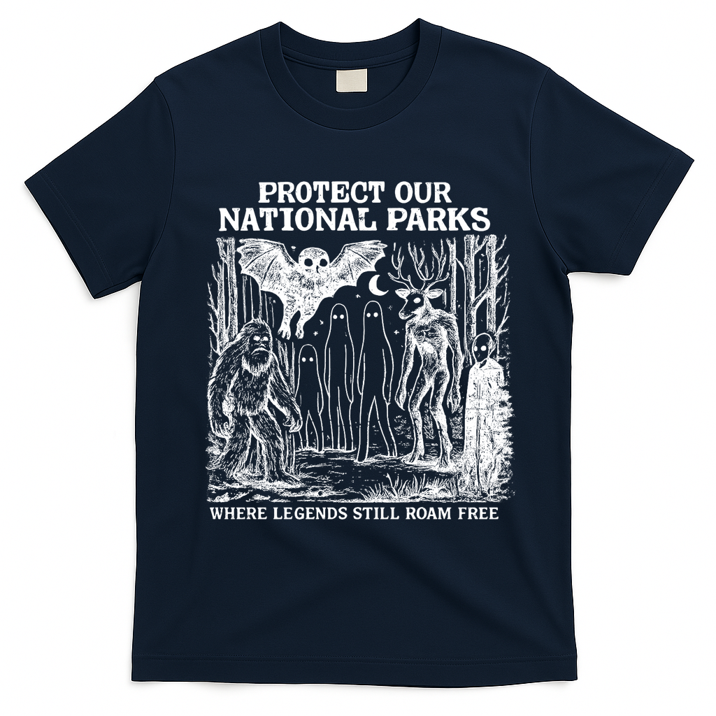 Protect Our National Parks Mothman Cryptid Weirdcore Horror T-Shirt - Navy Blue