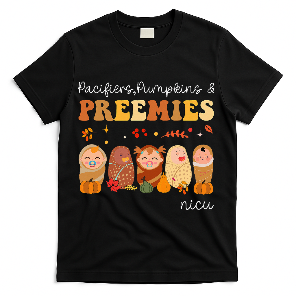 Pacifiers Pumpkins & Preemies Neonatal Nicu Nurse Halloween T-Shirt - Black