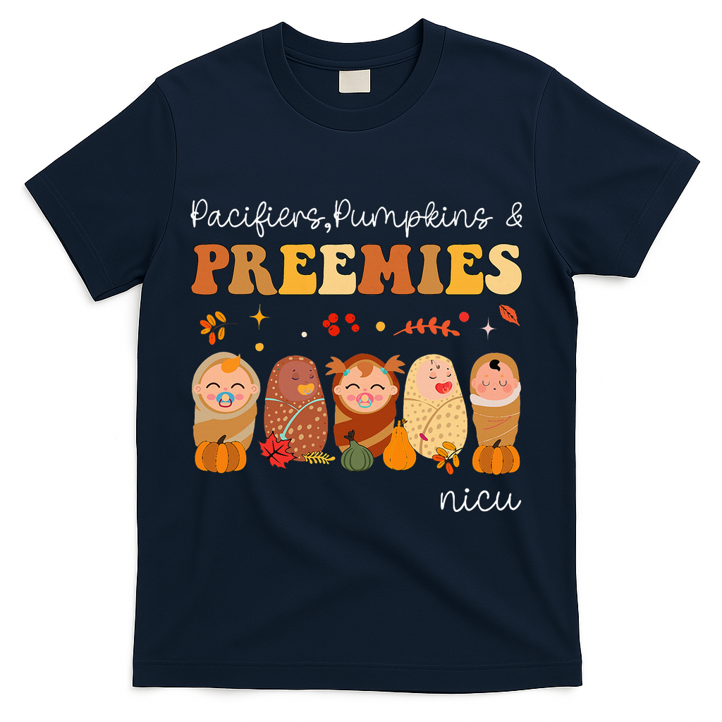 Pacifiers Pumpkins & Preemies Neonatal Nicu Nurse Halloween T-Shirt - Navy