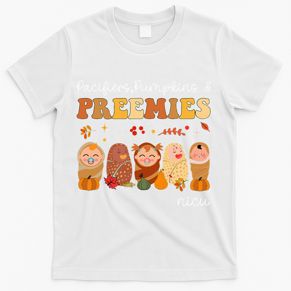 Pacifiers Pumpkins & Preemies Neonatal Nicu Nurse Halloween T-Shirt - White