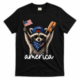 Patriotic Raccoon America Flag Hot Dog Celebration T-Shirt - Black