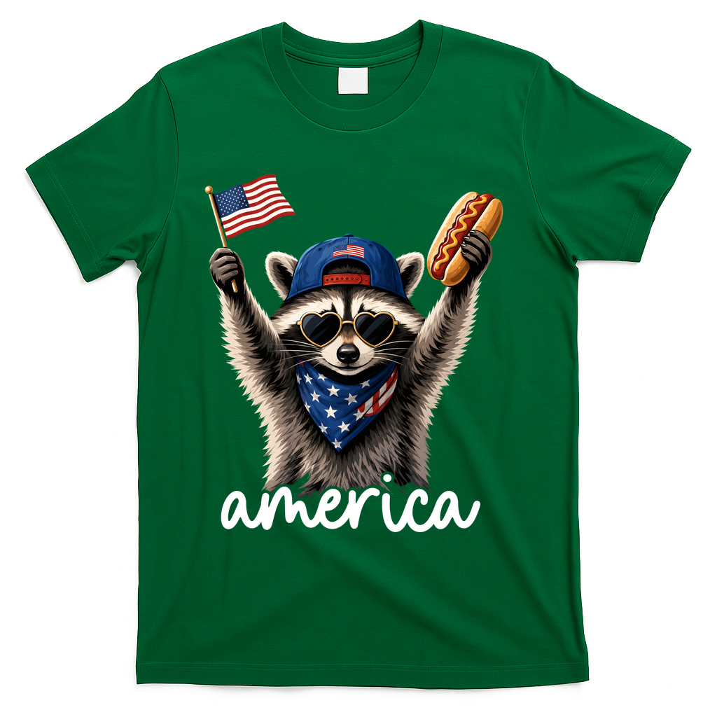 Patriotic Raccoon America Flag Hot Dog Celebration T-Shirt - Green