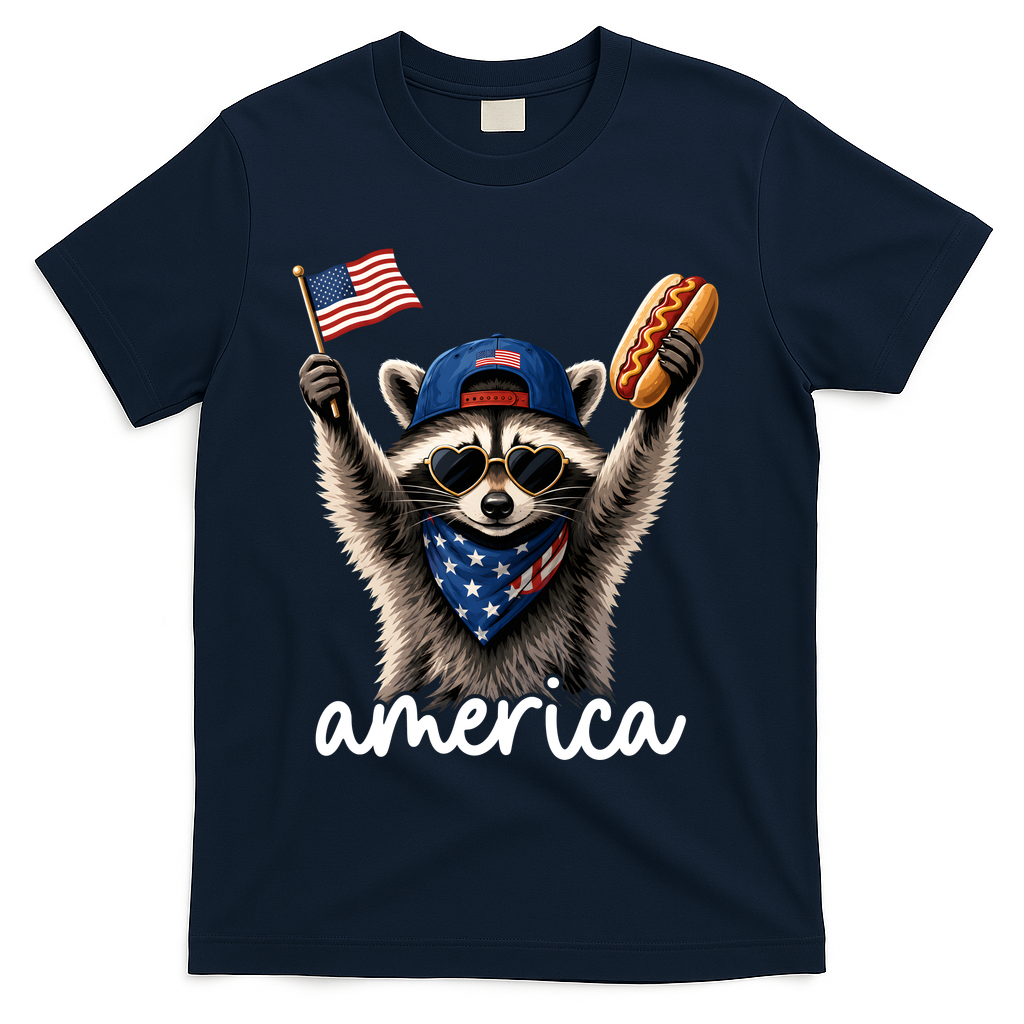 Patriotic Raccoon America Flag Hot Dog Celebration T-Shirt - Navy