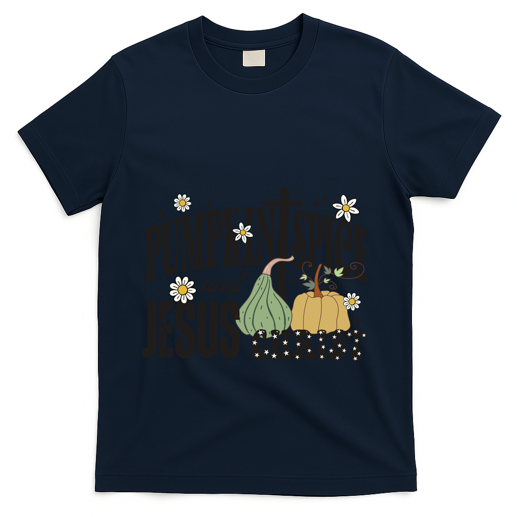 Pumpkin Spice And Jesus Christ Fun Fall Christian Cross Faith T-Shirt - Navy
