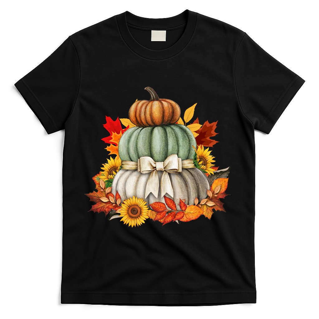 Pumpkin Sunflower Autumn Leaves T-Shirt - Black