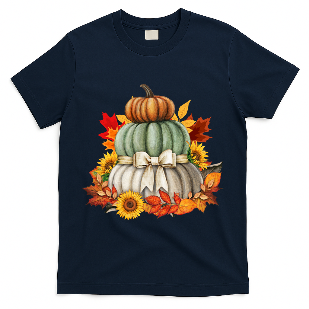 Pumpkin Sunflower Autumn Leaves T-Shirt - Navy