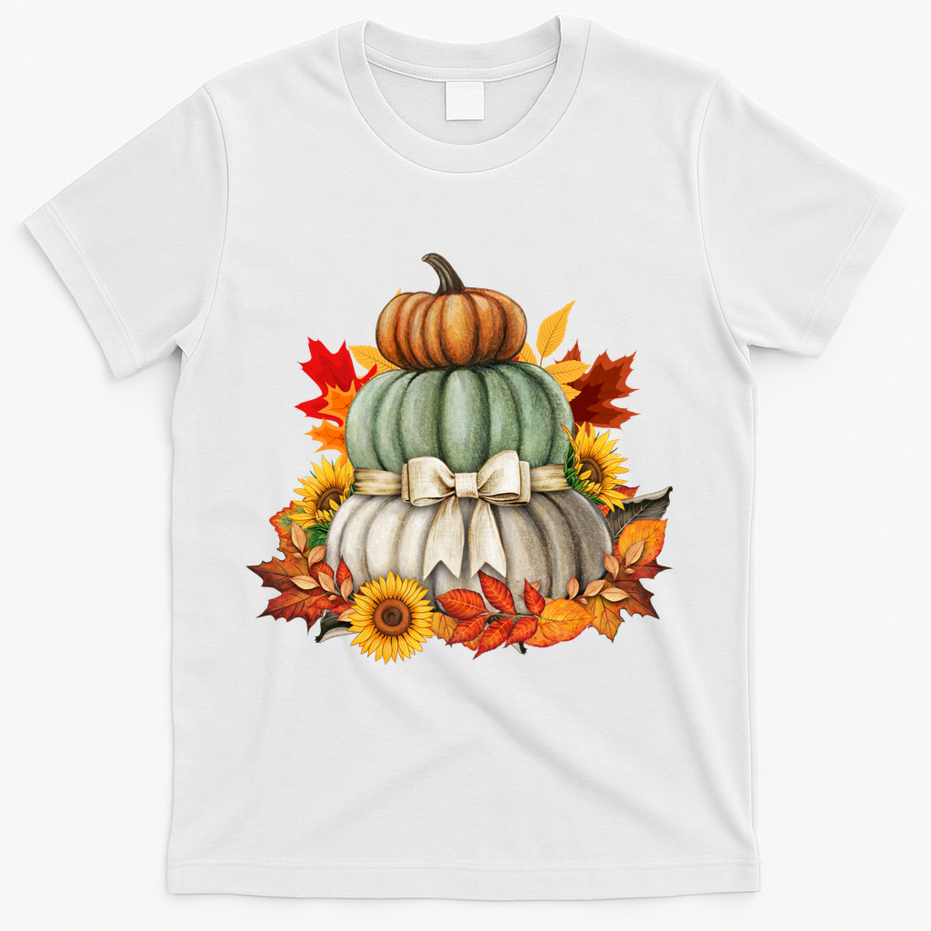 Pumpkin Sunflower Autumn Leaves T-Shirt - White