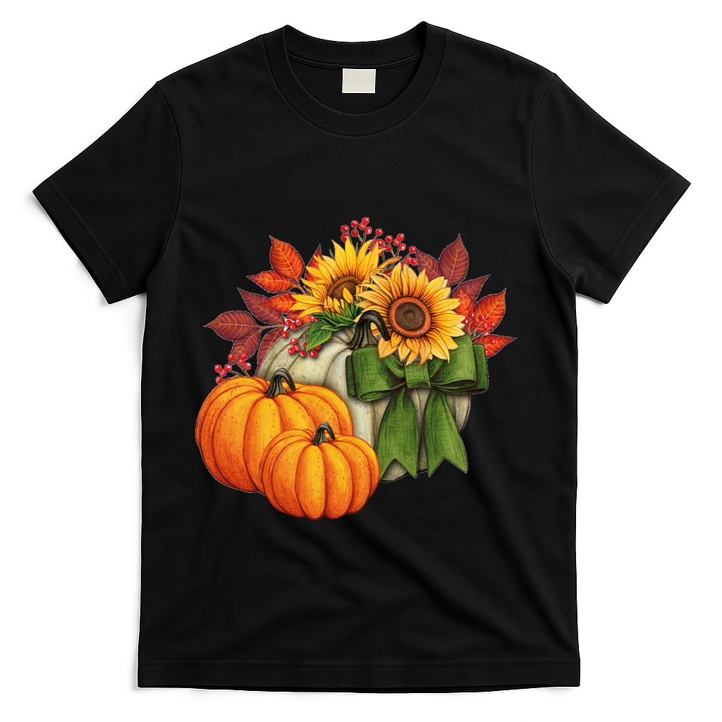 Pumpkin Sunflower Cute Floral Fall Autumn Season T-Shirt - Black