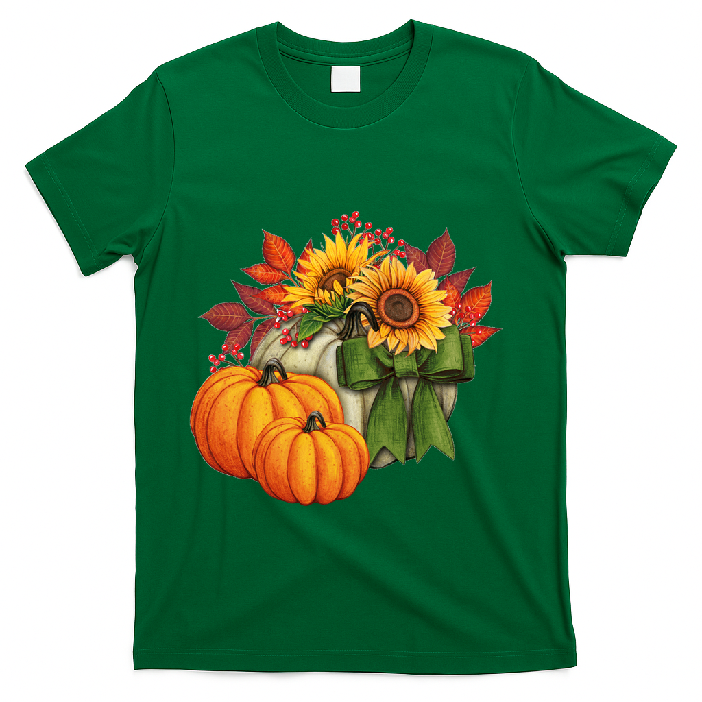 Pumpkin Sunflower Cute Floral Fall Autumn Season T-Shirt - Green