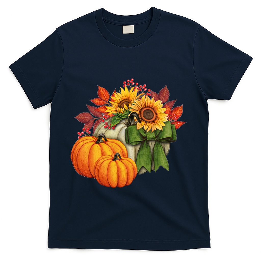 Pumpkin Sunflower Cute Floral Fall Autumn Season T-Shirt - Navy