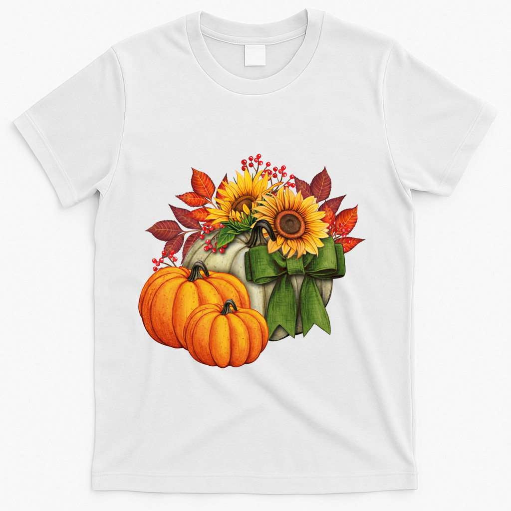 Pumpkin Sunflower Cute Floral Fall Autumn Season T-Shirt - White