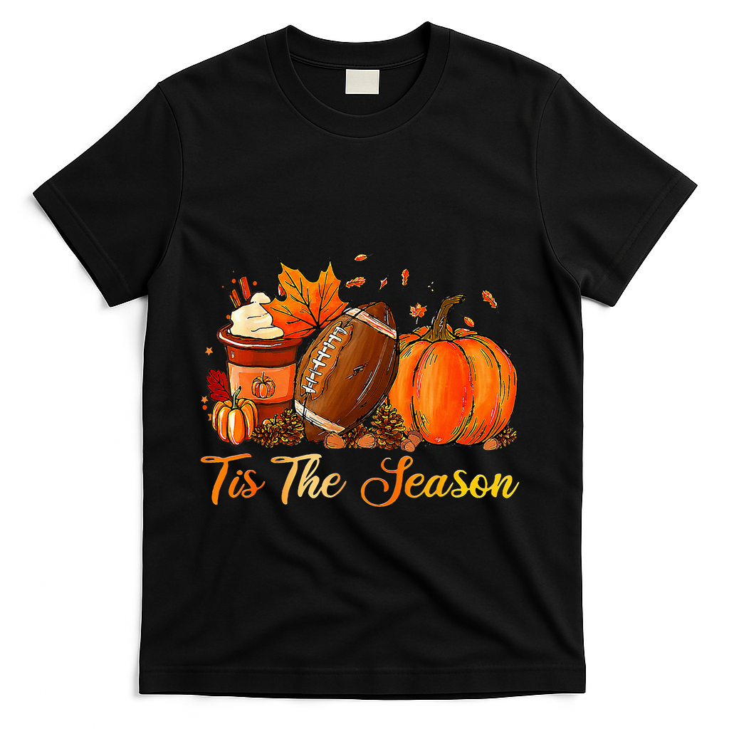 Pumpkin Spice Football Tis The Season Fall Thanksgiving T-Shirt - Black