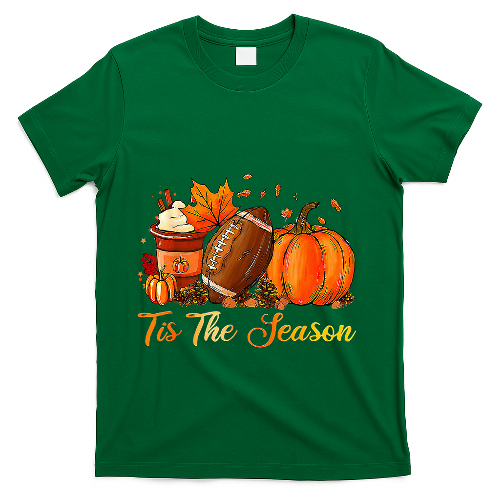 Pumpkin Spice Football Tis The Season Fall Thanksgiving T-Shirt - Green