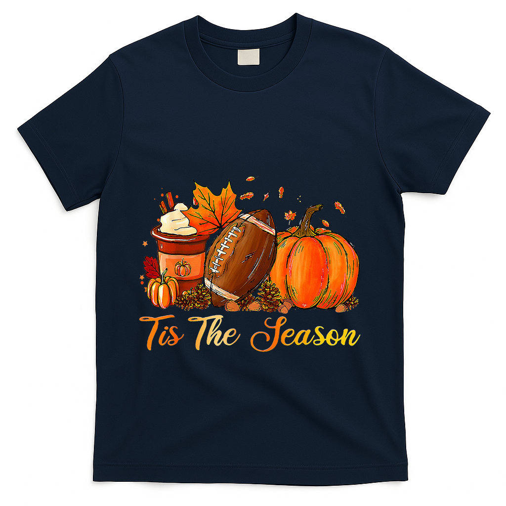 Pumpkin Spice Football Tis The Season Fall Thanksgiving T-Shirt - Navy