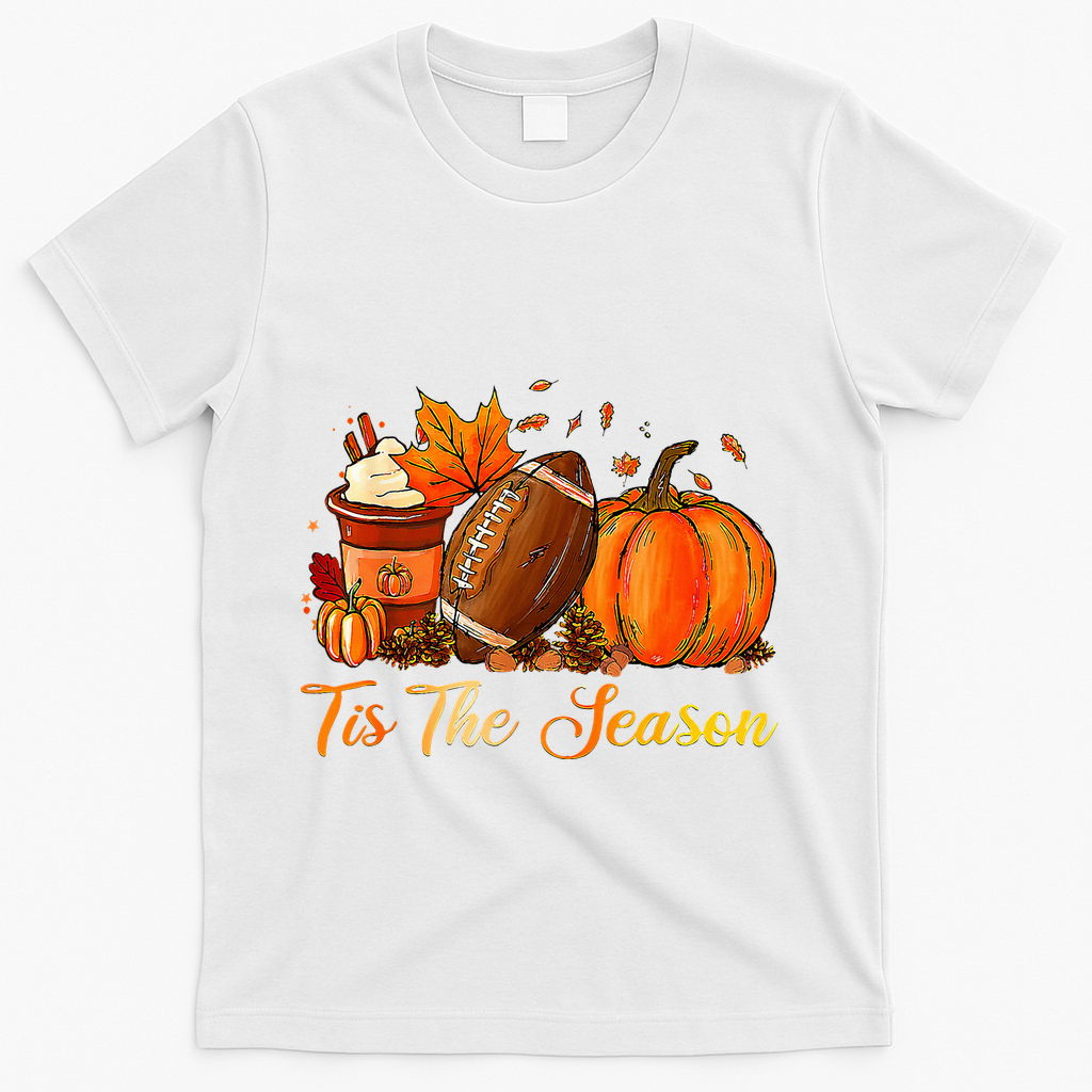 Pumpkin Spice Football Tis The Season Fall Thanksgiving T-Shirt - White